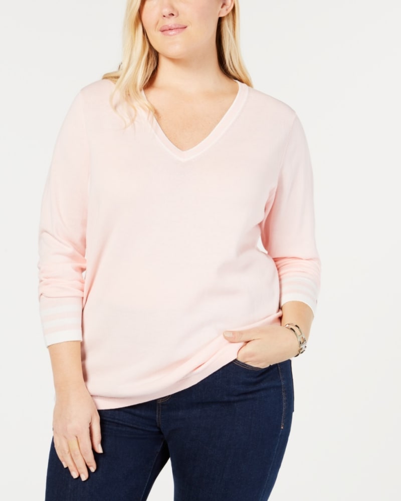 Front of a model wearing a size 2X Tommy Hilfiger Women's Plus Cotton V Neck Sweater Pink Size 2X in Pink by Tommy Hilfiger. | dia_product_style_image_id:314415